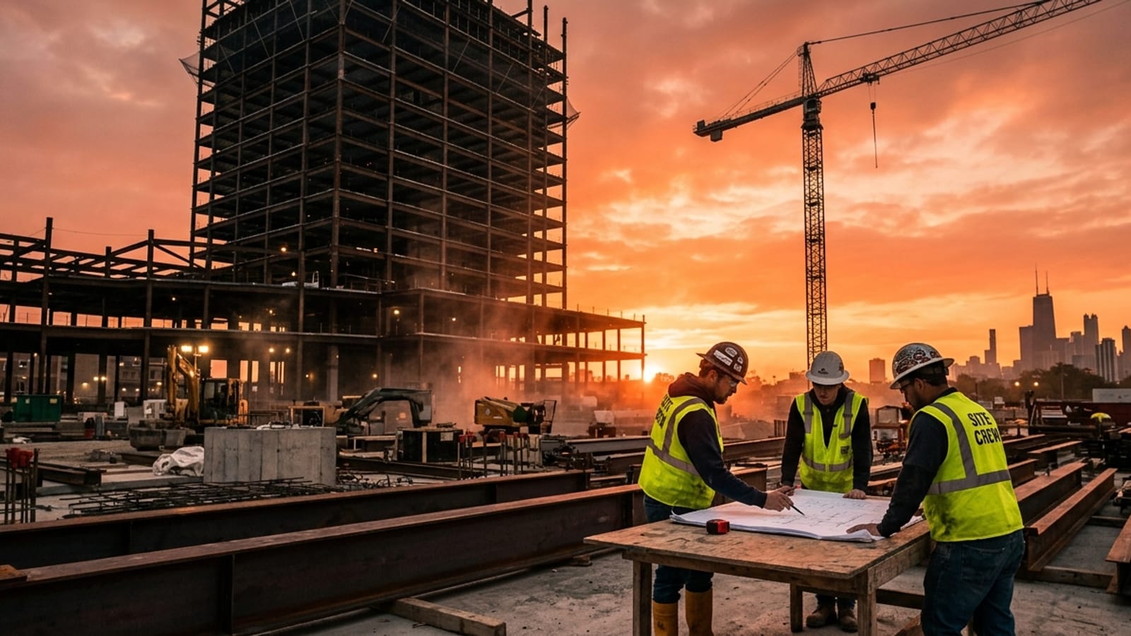 Midwest construction site with cranes and steel framework under a clear sky